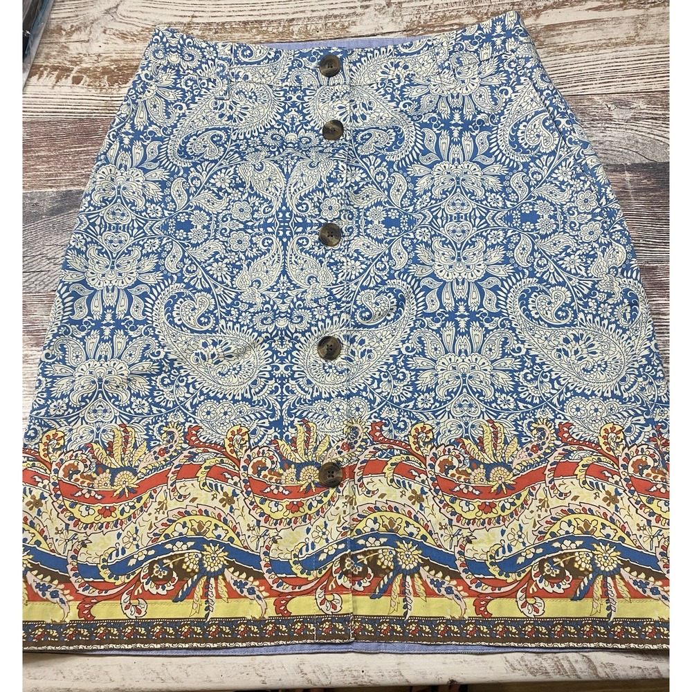 Lands' End Blue White Paisley A-Line Skirt 4 Orange Yellow Button Front